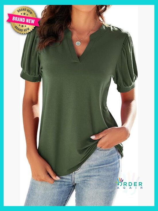 Tops - Olive Green V-Neck Puff Short Sleeve Blouse Tunic Dressy Casual Tops Soft